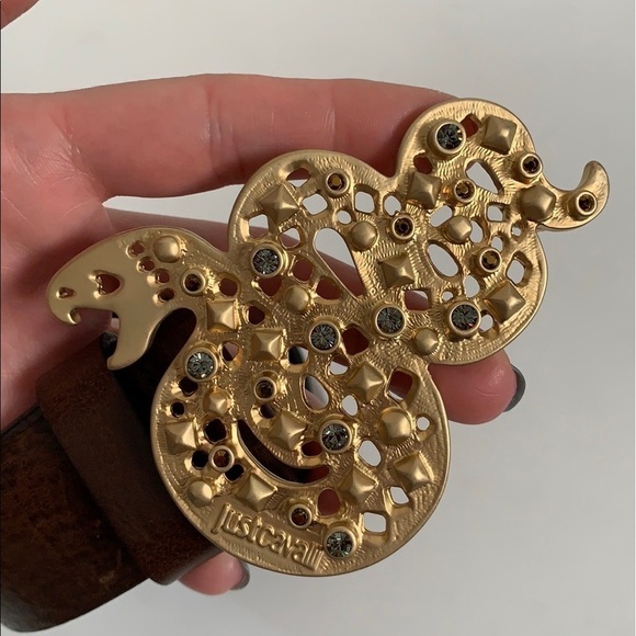 Just Cavalli Brown Leather Gold Buckle Snake Belt - Picture 3 of 14